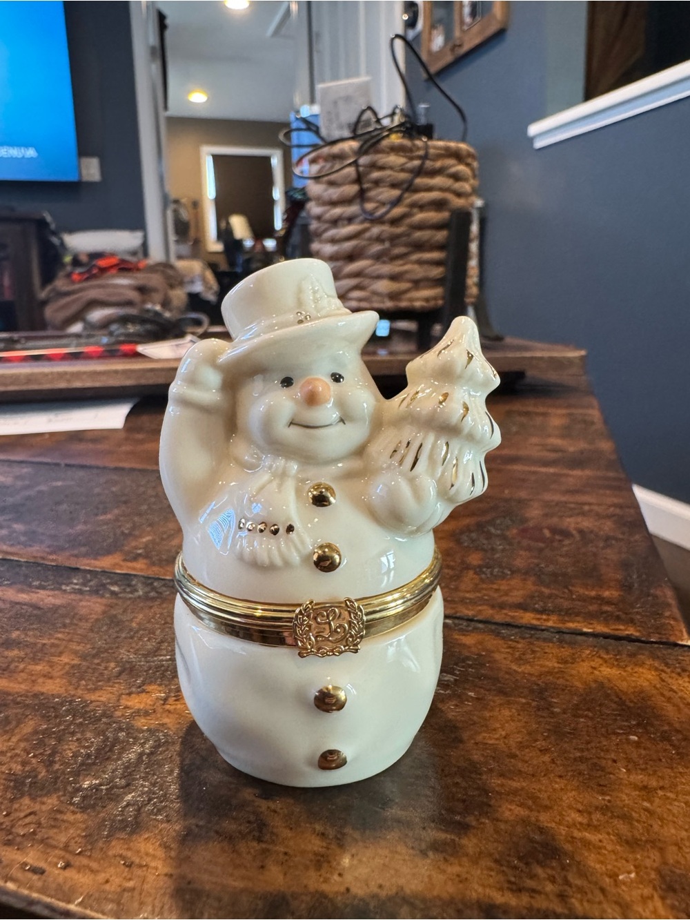 Lenox White Snowman Trinket Box with Gold Accents - Holiday Home Decor